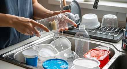 Person washing dishes in a kitchen sink with dirty dishes piled up.