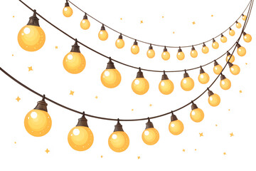Warm golden string lights gently hang and glow brightly, offering a festive decorative illumination isolated on a transparent background.