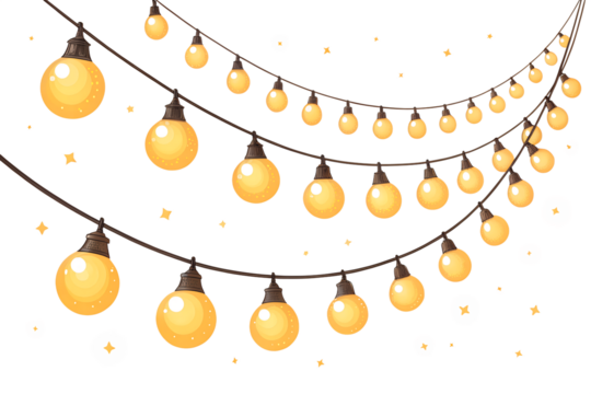 Warm golden string lights gently hang and glow brightly, offering a festive decorative illumination isolated on a transparent background.