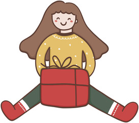 Cartoon Happy girl sitting and holding Christmas gift