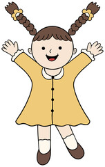 Back to school.Cartoon Happy girl with braids jumping.