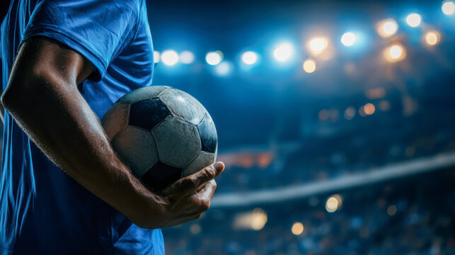 Football player holding ball in stadium under lights