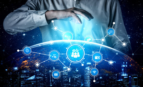 This image showcases a hand hovering over a globe connected by digital icons, representing advanced technology and global communication, symbolizing innovation and connectivity. Tessel - Powered by Adobe