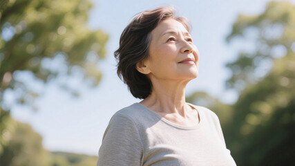 Middle-aged woman enjoying gentle sunlight outdoors symbolizing natural vitamin D absorption and proactive osteoporosis prevention through healthy lifestyle and bone density care in midlife wellness c
