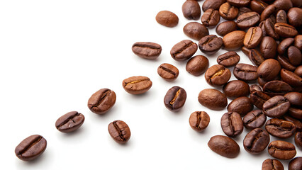 Naklejka premium Rich, aromatic coffee beans cascade, perfect for illustrating morning rituals, cafe culture, and the energizing power of coffee, inviting warmth