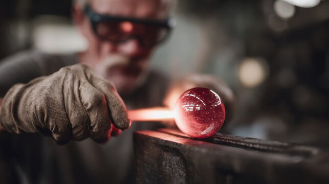 Artisan shaping molten glass into a glowing ornament sphere in a workshop, showcasing the craft and precision of traditional glassblowing