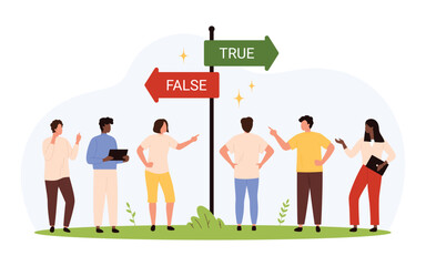 Group of diverse people discussing and pointing at a signpost with true and false arrows, representing decision making, opinions, and critical thinking isolated vector illustration