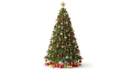 Festive Christmas Tree with Colorful Ornaments and Gifts Underneath in Bright Room Decor