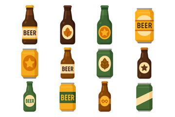 Assorted cartoon beer bottles and cans with various labels.
