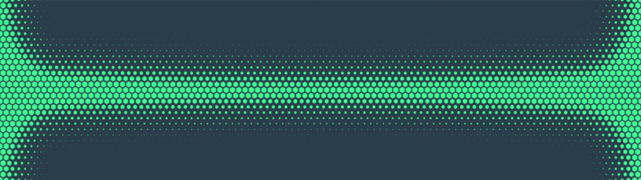 Hexagonal grid halftone pattern long divider ultra wide 32:9 aspect ratio turquoise vector futuristic technology eye-catching abstract background. Half tone graphics widescreen format abstraction