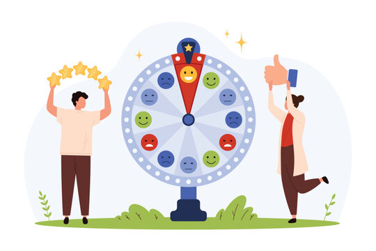 Colorful wheel of fortune with happy, sad, neutral faces, people holding stars and thumbs up, concept of luck, feedback, rating, positive outcomes, flat isolated vector illustration
