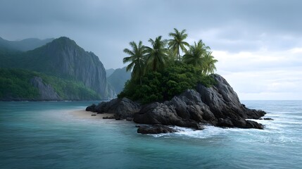 A secluded tropical island paradise featuring lush palm trees atop rocky cliffs surrounded by turquoise ocean waves under a dramatic cloudy sky