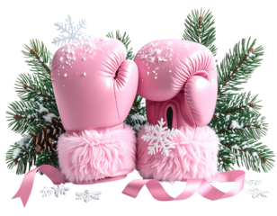 Pink boxing gloves with christmas tree and snowflakes festive holiday theme