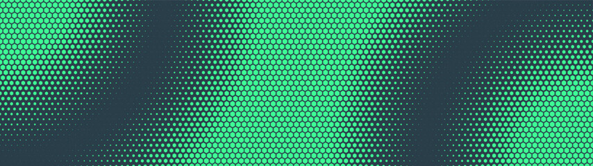 Hexagonal grid halftone pattern smooth blurred circular structure ultra wide 32:9 aspect ratio turquoise vector futuristic technology abstract background. Half tone graphics widescreen format backdrop