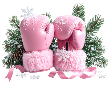 Pink boxing gloves with christmas tree and snowflakes festive holiday theme