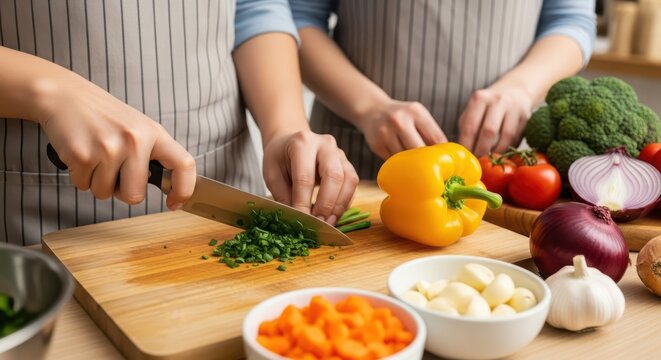 Hands chopping fresh herbs on a wooden cutting board, surrounded by colorful vegetables, in a bright, modern kitchen setting