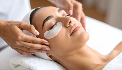 Naklejka premium Professional Facial Massage With Eye Masks, Esthetician Hands Applying Pressure To Woman's Face During Skincare Treatment At Spa Clinic, Relaxed Client With Head Wrap