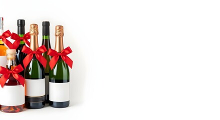 A delightful assortment of wine and champagne bottles adorned with festive red bows, perfect for celebrating special occasions, presented on a clean white background with ample room for custom text