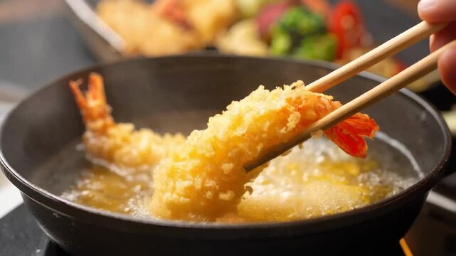 天ぷら職人の技が光る高温の油でエビを揚げる黄金色の香ばしいひととき