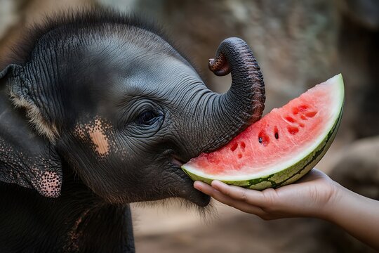 Baby elephant enjoying a piece of red watermelon, being fed by a person, showing animal care and natural behavior