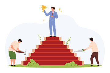 Businessman stands on top of red steps holding trophy while two people work with tools below, symbolizing career growth, teamwork, and rivalry isolated vector illustration