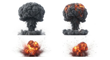 Two mushroom clouds from nuclear explosions and smaller fireballs on a white background