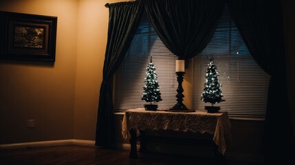 two small christmas trees with white lights on wooden stands