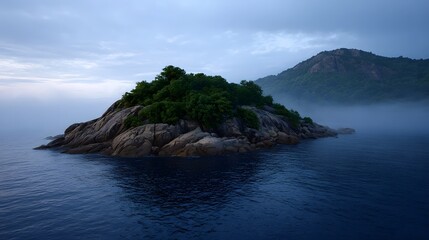Serene rocky islet covered in lush vegetation surrounded by dark water and mist at dawn or dusk