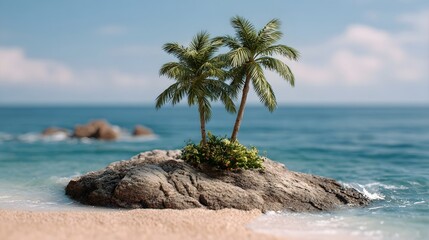 A small secluded tropical island featuring two palm trees and lush vegetation surrounded by the calm blue ocean under a clear sky