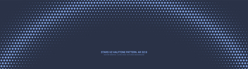 Twinkling stars halftone pattern arc semicircle border ultra wide 32:9 aspect ratio navy blue vector abstract background. Half tone graphic star shapes grid panoramic ultrawide format abstraction