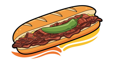 A vibrant vector illustration of a loaded cheesesteak sandwich, piled high with savory shaved meat, melted cheese, and a whole spicy green chili on top