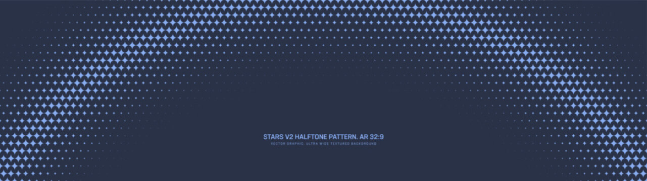 Twinkling stars halftone pattern arc semicircle border ultra wide 32:9 aspect ratio navy blue vector abstract background. Half tone graphic star shapes grid panoramic ultrawide format abstraction