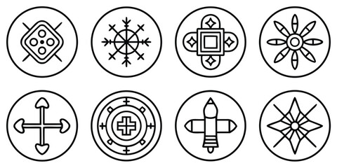 Collection of abstract geometric icons in black and white