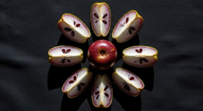 Symmetrical apple slices radiating around whole apple on black background - Powered by Adobe