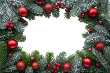 Elegant Christmas frame featuring frosted green fir branches, shiny red baubles, and festive berries, isolated on transparent background.