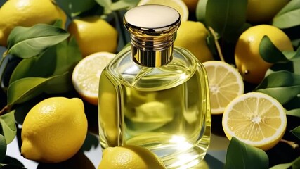 Advertising video citrus lemon perfume fragrance bottle on top of ripe yellow lemons.Slow motion zoom out.AI Generative. - Powered by Adobe