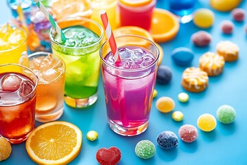 Group of colorful iced beverages and vibrant sugar candies on a blue background, showcasing artificial food dyes