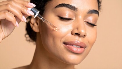 Facial Serum Application, Smiling African American Woman With Glowing Skin Enjoying Her Daily Beauty And Skincare Routine