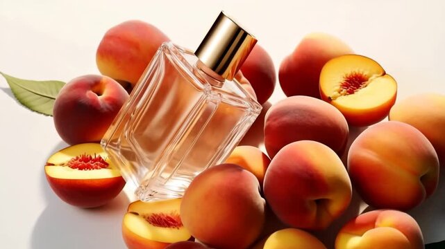 Slow motion video of sweet peach perfume fragrance bottle turning on top of ripe peaches on black background.Zoom out.AI Generative.