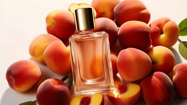 Slow motion video of sweet peach perfume fragrance bottle turning on top of ripe peaches on black background.Zoom out.AI Generative.