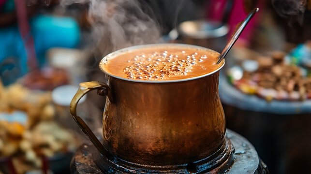 Masala chai bubbling in a copper kettle, steam rising in a lively Indian street market, fragrant spiced tea ready to serve