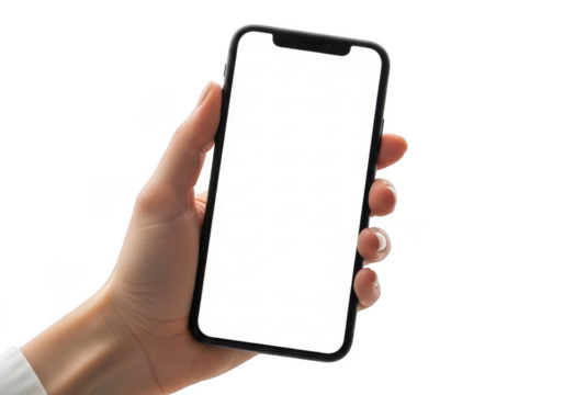 Hand holding modern smartphone with blank screen for mockups and branding transparent background - Powered by Adobe
