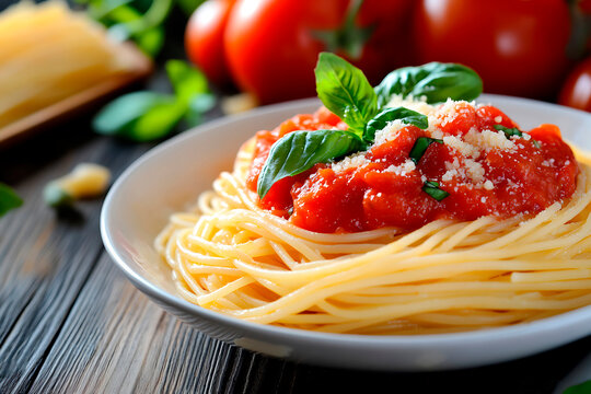 Plate of classic spaghetti pasta topped with vibrant tomato sauce, grated cheese, and fresh basil leaves on a rustic wooden table