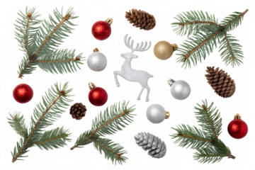 Various isolated holiday decorations with green fir branches, brown pine cones, festive ornaments, and a silver reindeer arranged on transparent background.