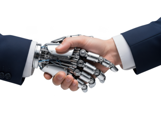 Ai robot handshake with human hand illustration, future technology concept, artificial intelligence isolated on transparent background - Powered by Adobe