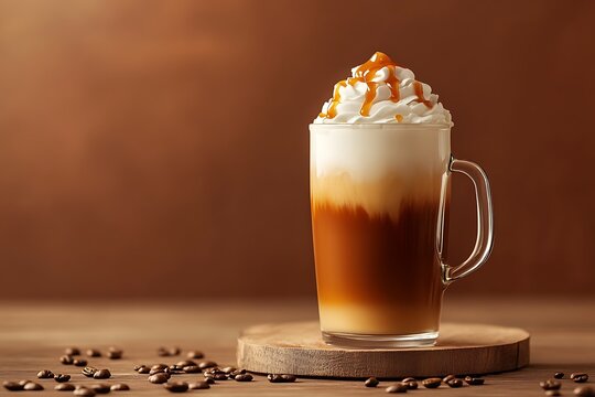 Layered caramel macchiato drink in a glass mug, topped with whipped cream and caramel sauce on a wooden table with coffee beans - Powered by Adobe