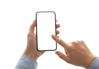 Hand holding mobile phone with blank white screen mockup, finger touching display, isolated on transparent background