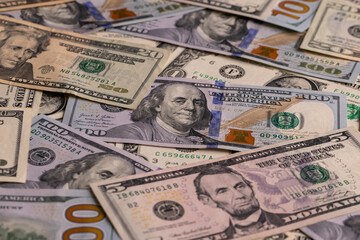 Close Up Full Frame Scattered US Dollar Banknotes Background