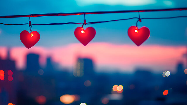Heart-shaped lights creating a romantic atmosphere, suspended above a blurred city skyline at dusk with soft colorful bokeh - Powered by Adobe