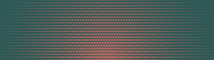 Scaly grid halftone pattern radial gradient ultra wide 32:9 aspect ratio vector dark green orange abstract background. Half tone graphics ultrawide format retro futuristic cyberpunk style abstraction